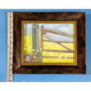 Country Gate with Daisy Flowers Medium Oils by Artist Lisa Coleman 13.5x11.5